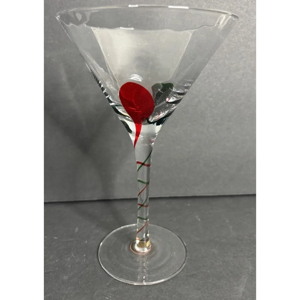 2 Pier 1 Martini Glasses Red Green Teardrop Optic Swirl Stripe 7 5/8